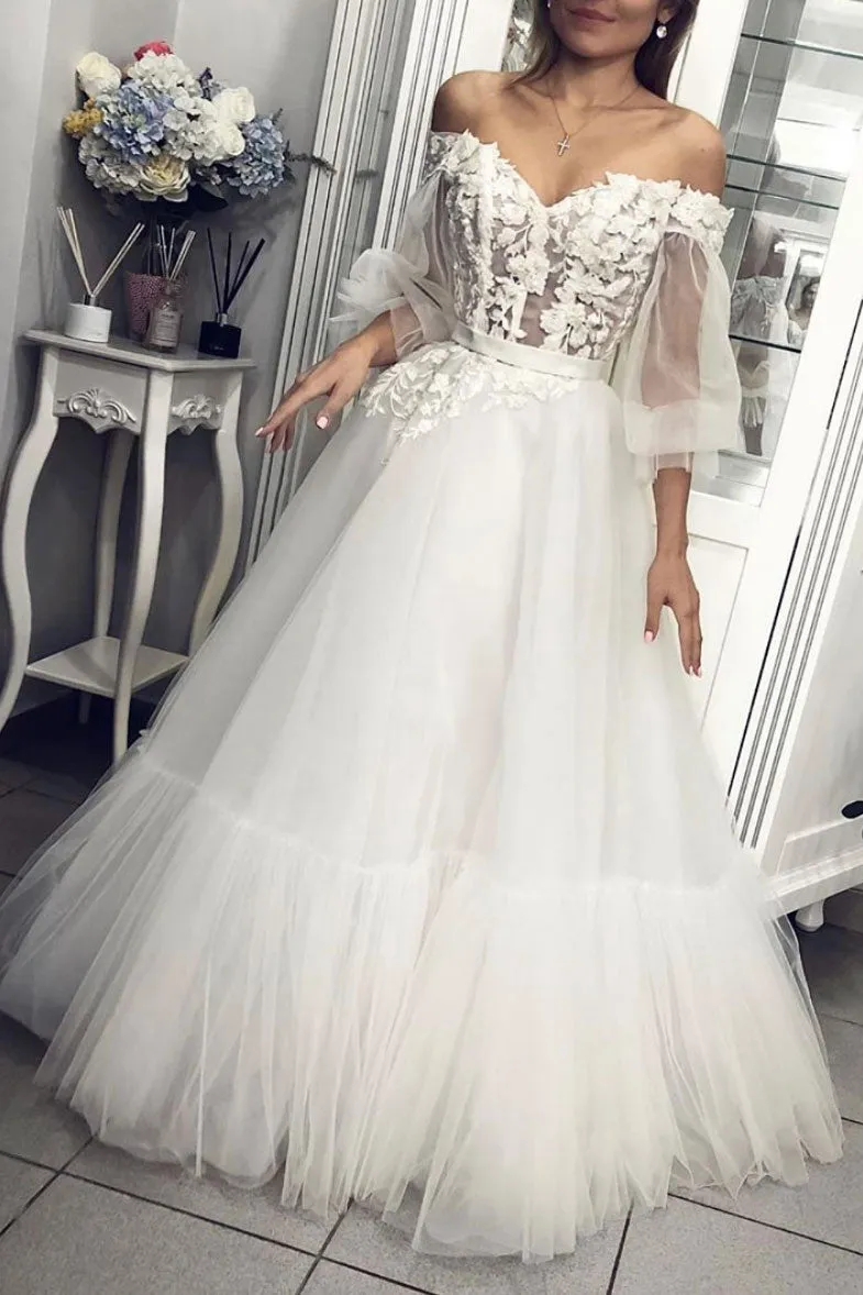 White tulle lace long prom dress, white tulle lace formal dress