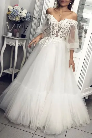 White tulle lace long prom dress, white tulle lace formal dress