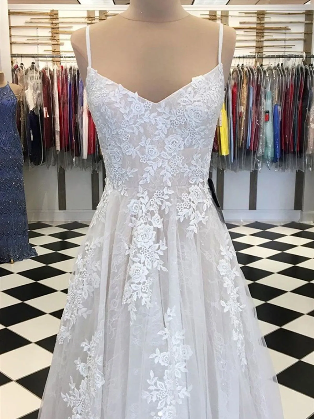White Tulle Lace Long Prom Dress, White Tulle Lace Long Formal Evening Dress