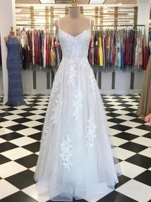 White Tulle Lace Long Prom Dress, White Tulle Lace Long Formal Evening Dress