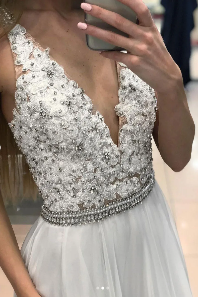 White v neck chiffon lace long prom dress, lace evening dress