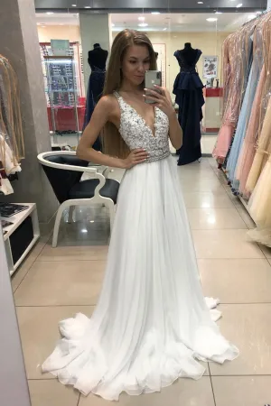 White v neck chiffon lace long prom dress, lace evening dress