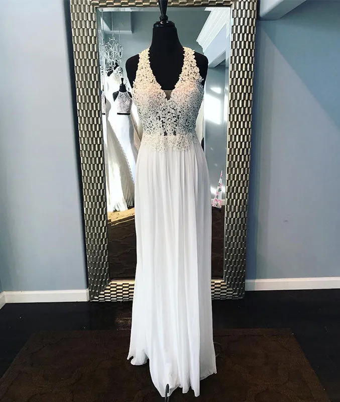 White v neck lace long prom dress, white lace evening dress