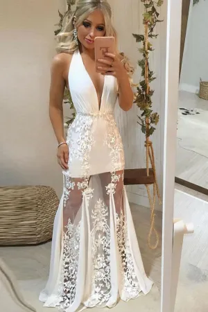 White v neck tulle lace long prom dress lace evening dress