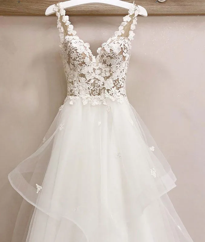 White v neck tulle lace long prom dress, white v neck evening dress