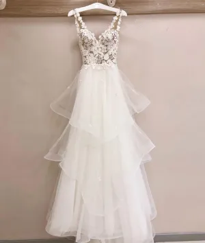 White v neck tulle lace long prom dress, white v neck evening dress