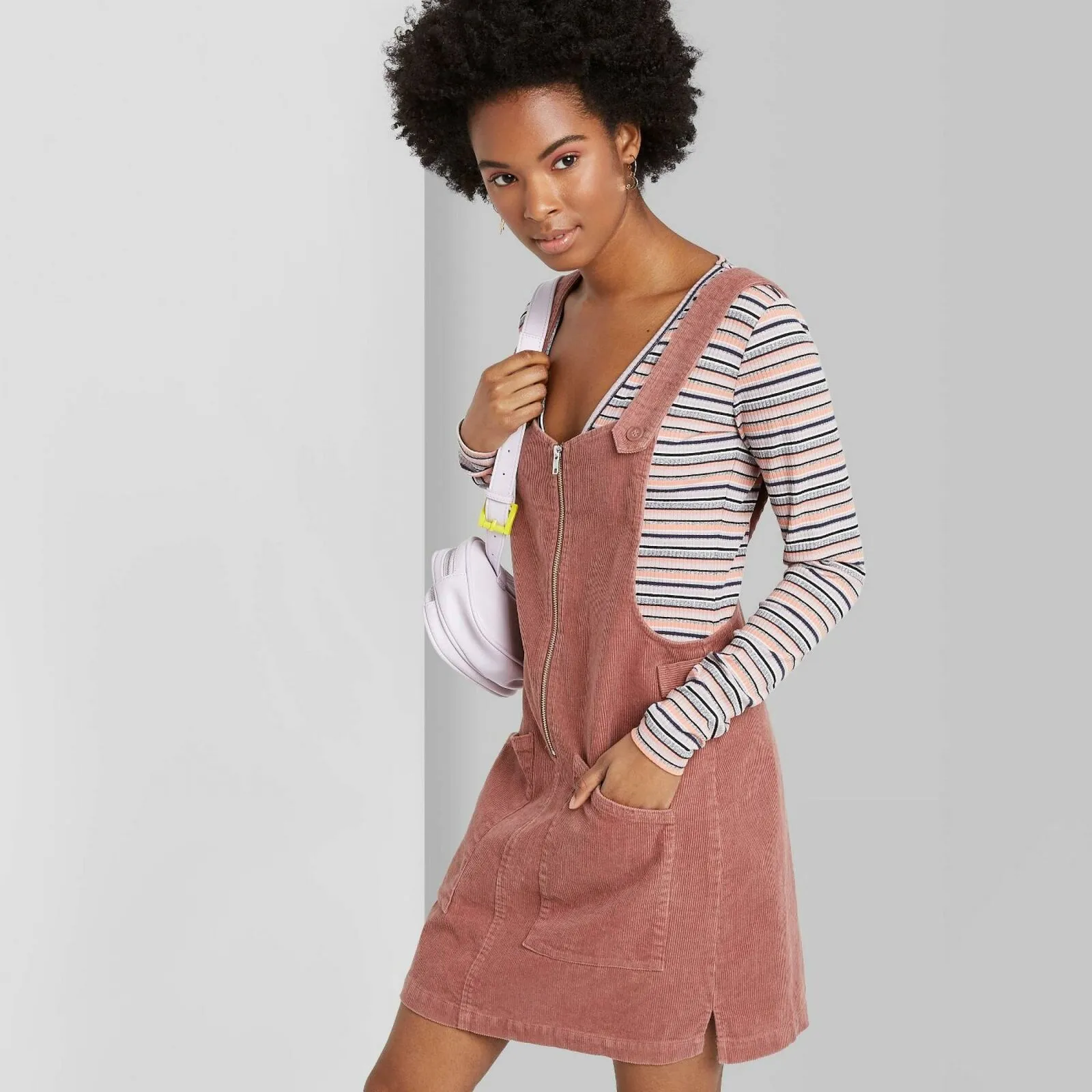 Wild Fable Women's Sleeveless Square Neck Corduroy Zip Mini Pinafore Dress