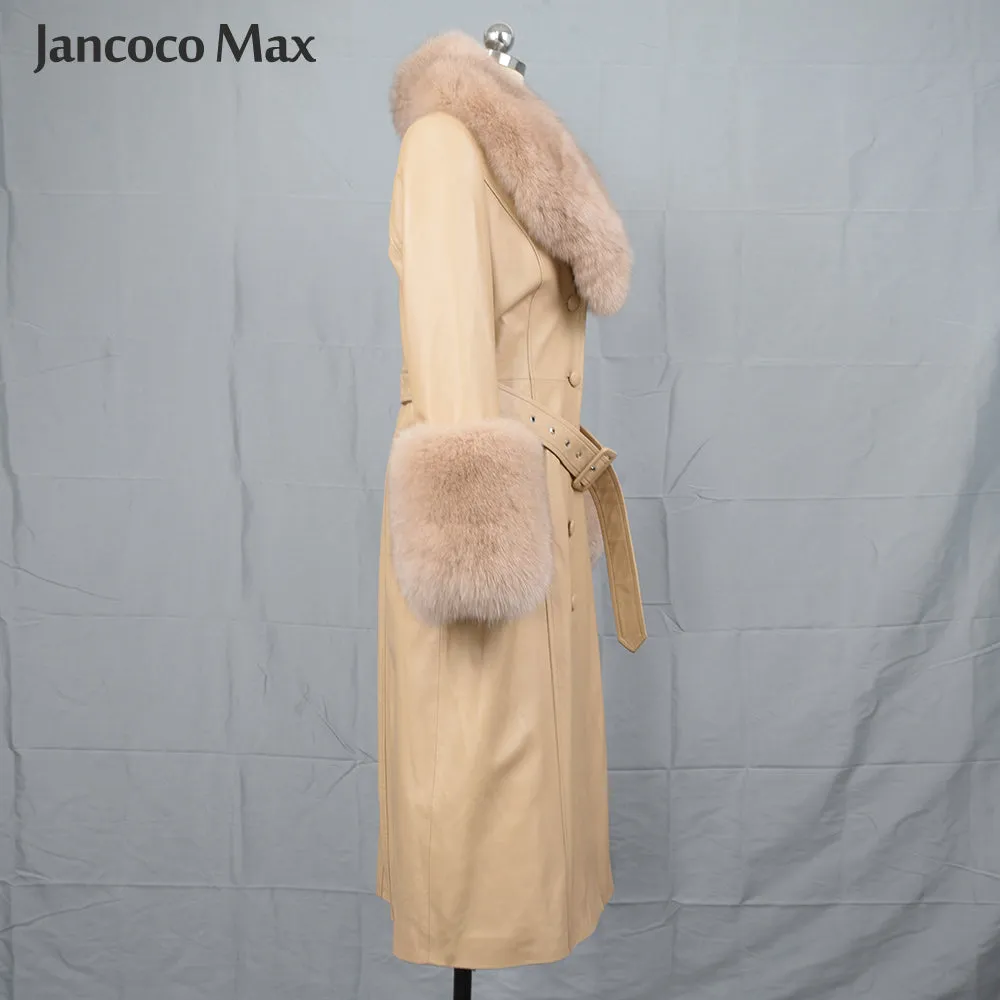 Women Fashion Long Leather Jackets Winter Real Fox Fur Windbreaker