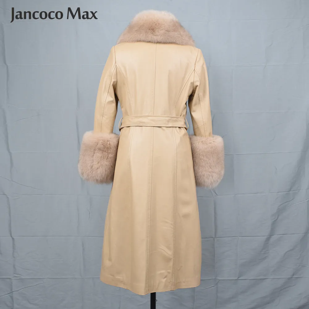 Women Fashion Long Leather Jackets Winter Real Fox Fur Windbreaker