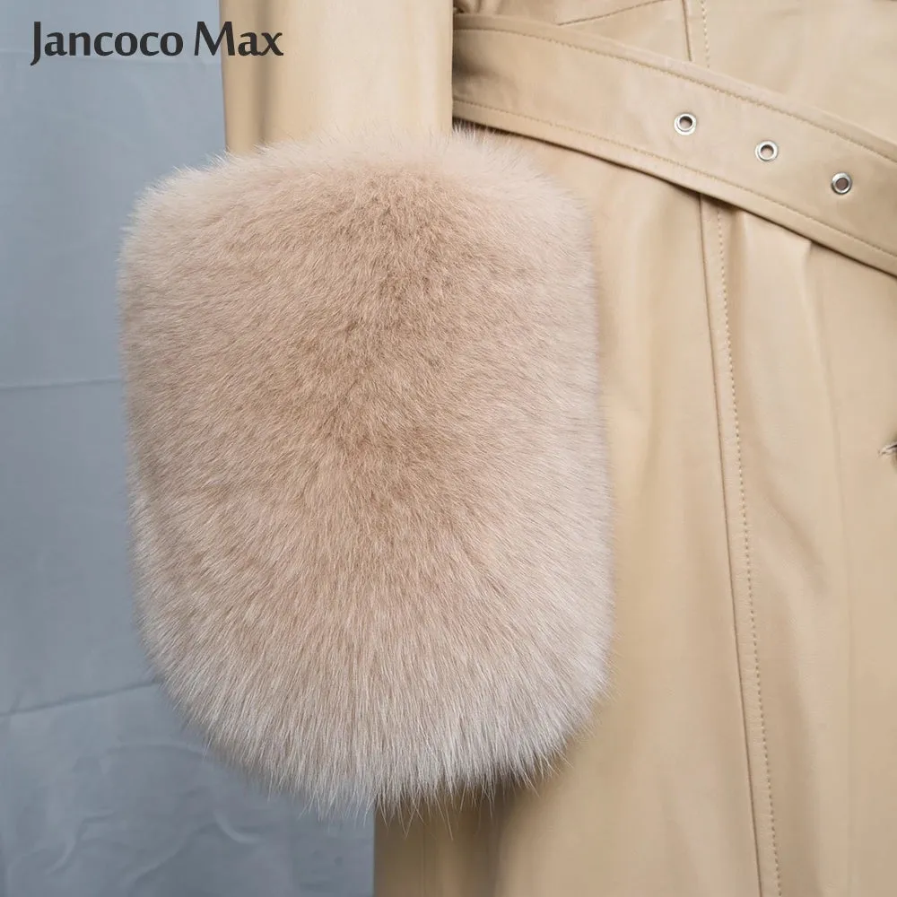 Women Fashion Long Leather Jackets Winter Real Fox Fur Windbreaker