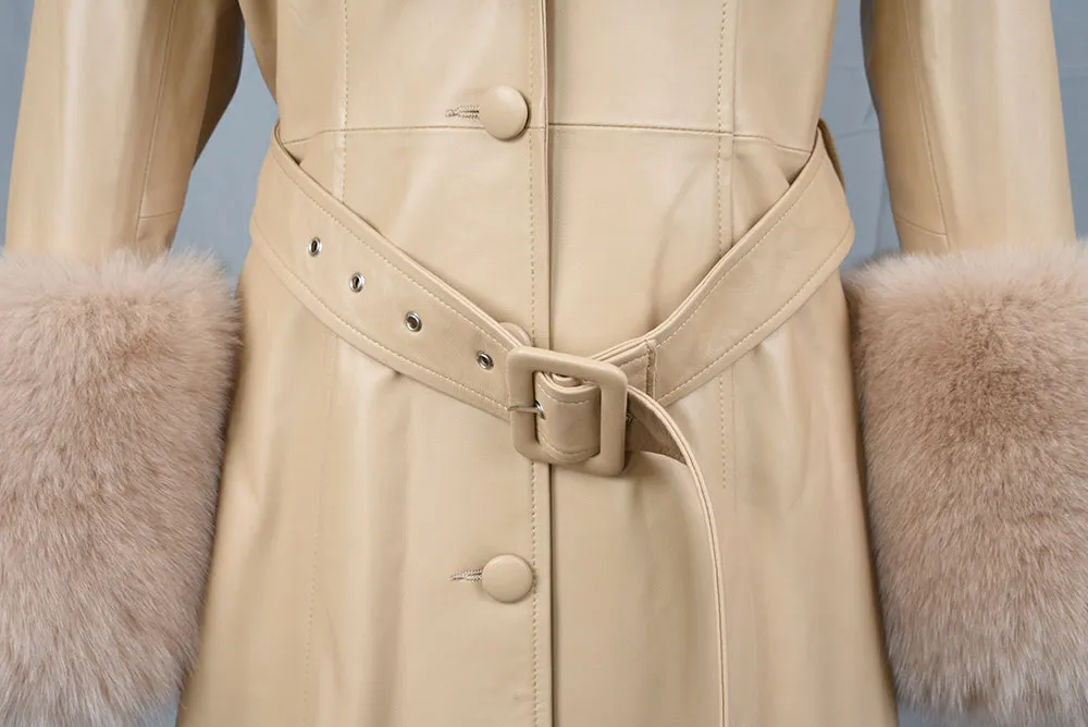 Women Fashion Long Leather Jackets Winter Real Fox Fur Windbreaker