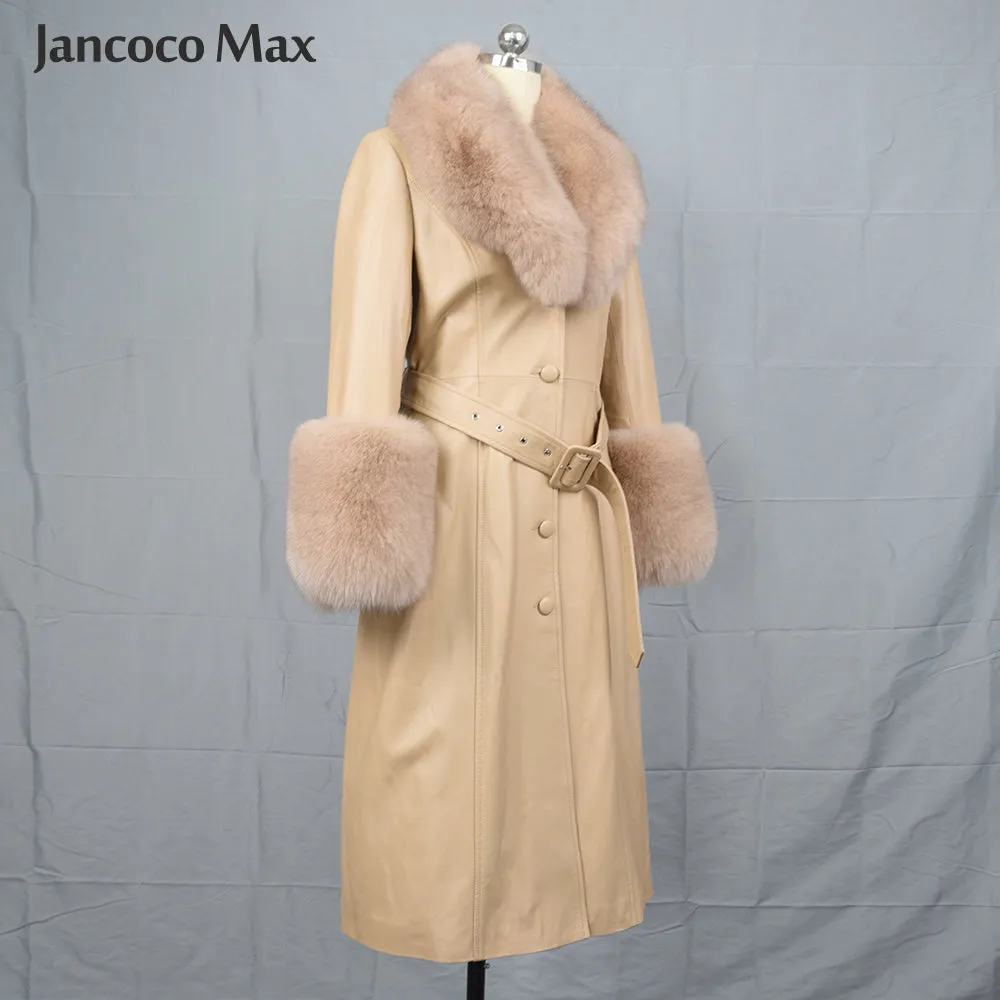Women Fashion Long Leather Jackets Winter Real Fox Fur Windbreaker