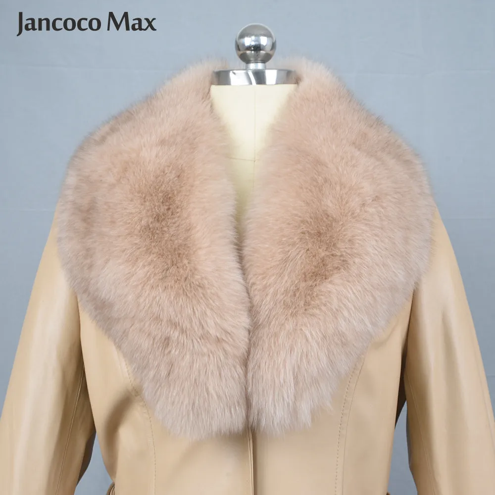 Women Fashion Long Leather Jackets Winter Real Fox Fur Windbreaker