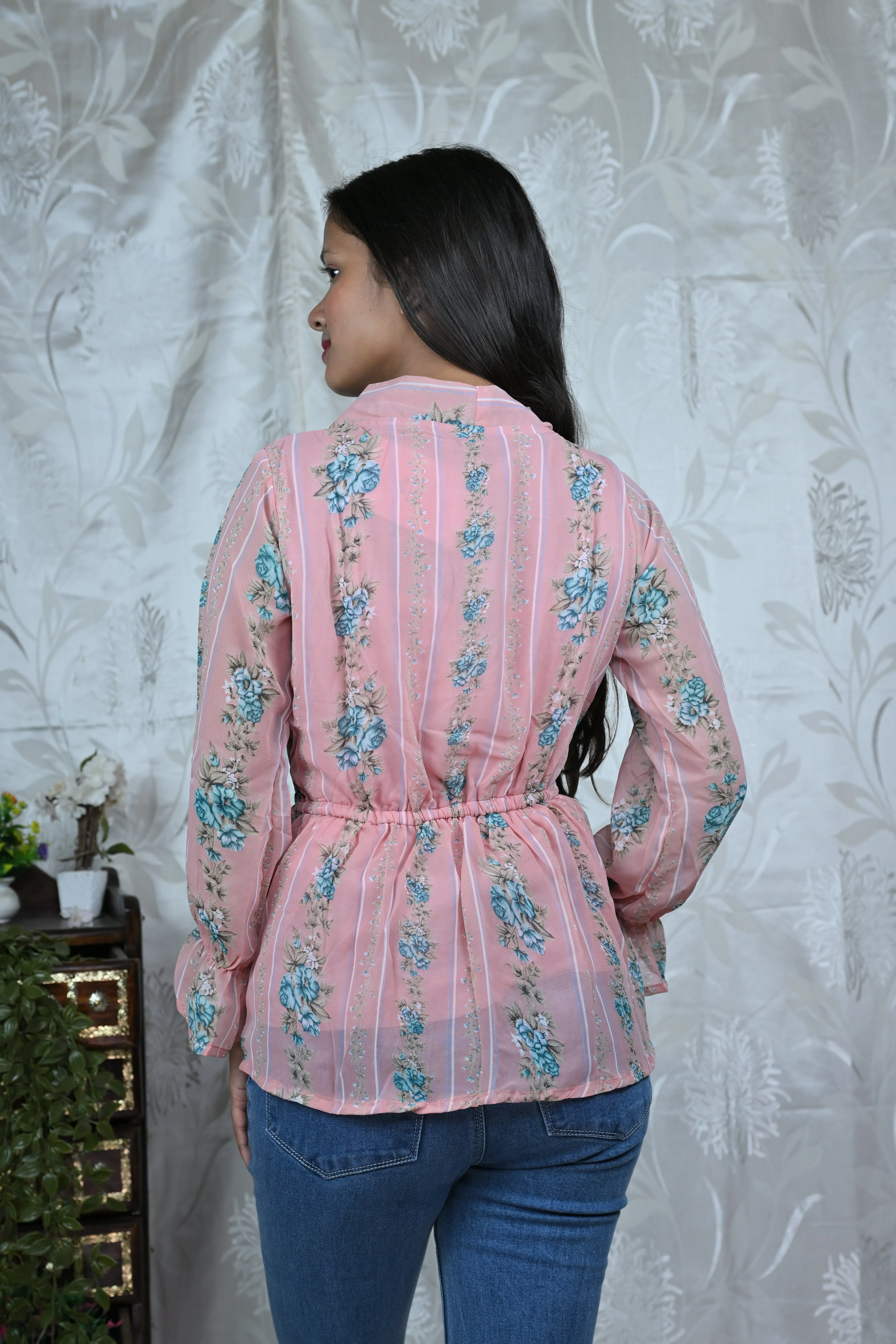 Women Floral Printed Tie-Up Peplum Top