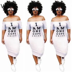 Women Overalls Dress Letter Slash Neck Short Sleeve Skinny Summer Midi Dress