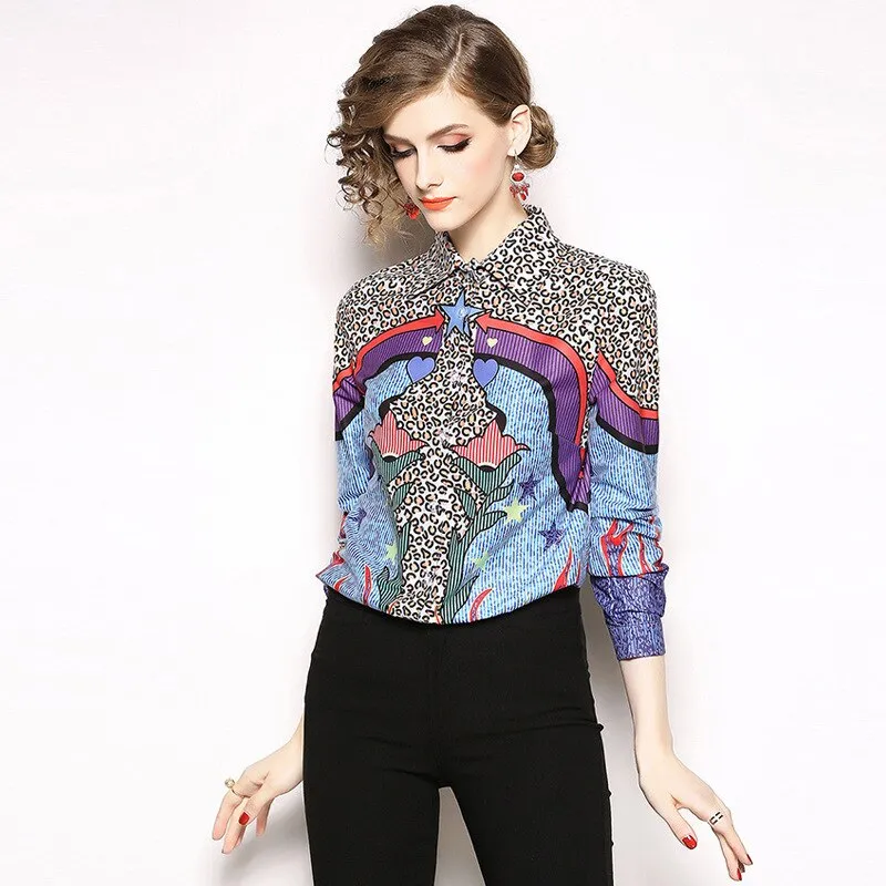 Women Retro Leopard Print Star Blouse