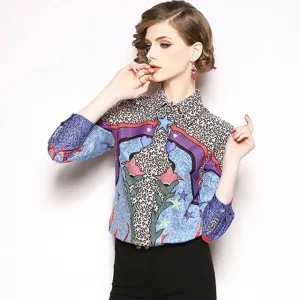 Women Retro Leopard Print Star Blouse