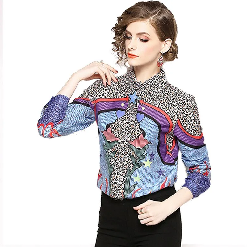 Women Retro Leopard Print Star Blouse