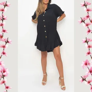 Women Ruffled Sleeve Shirt Dress - Black