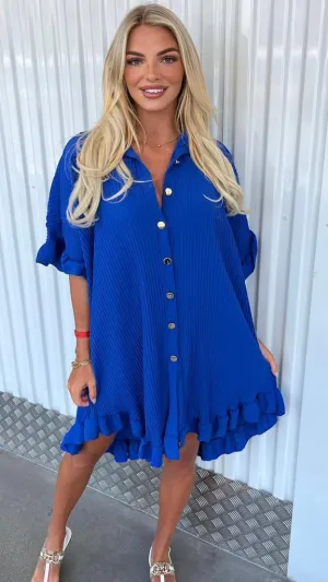 Women Ruffled Sleeve Shirt Dress - Royal Blue