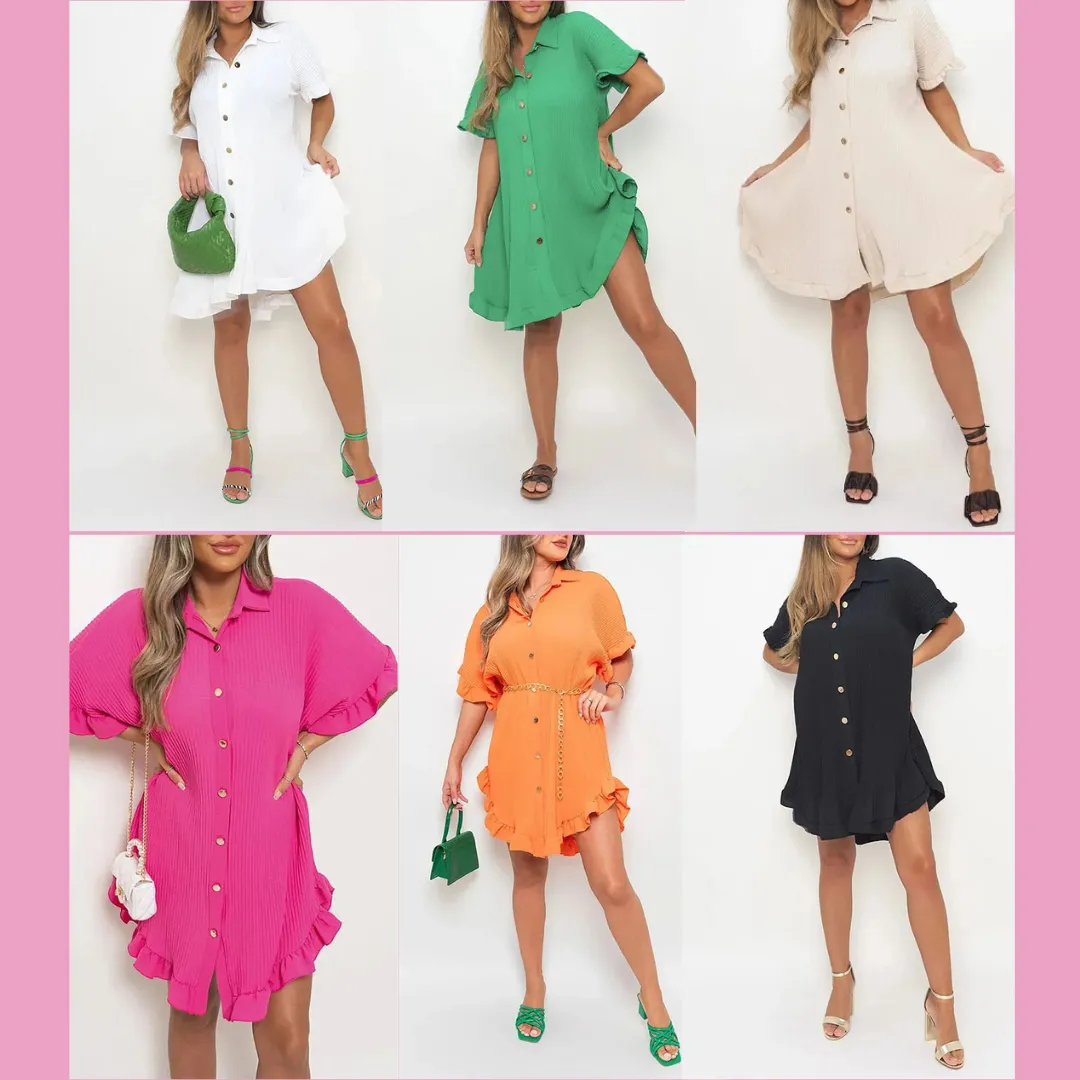 Women Ruffled Sleeve Shirt Dress - Royal Blue