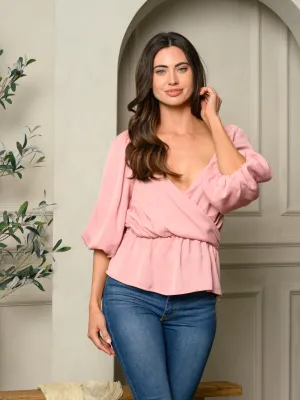 WOMEN'S 3/4 BUBBLE SLEEVE SURPLICE TOP
