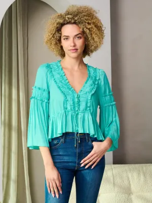 WOMEN'S 3/4 SLEEVE V-NECK RUFFLE PEPLUM BLOUSE