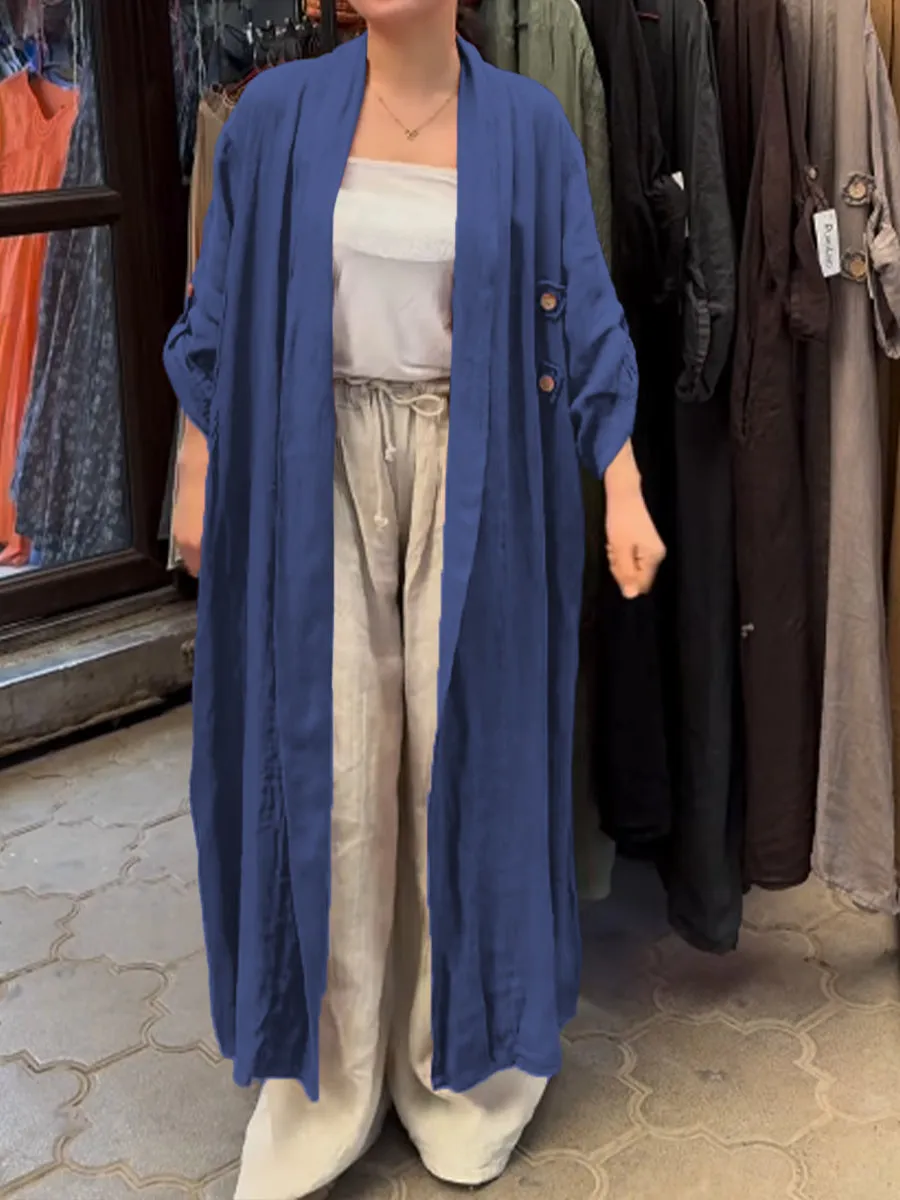 Women's Casual Pocket Cotton and Linen Long Cardigan