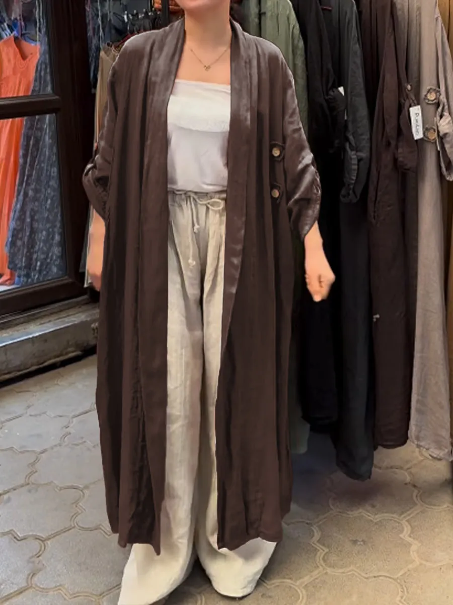 Women's Casual Pocket Cotton and Linen Long Cardigan