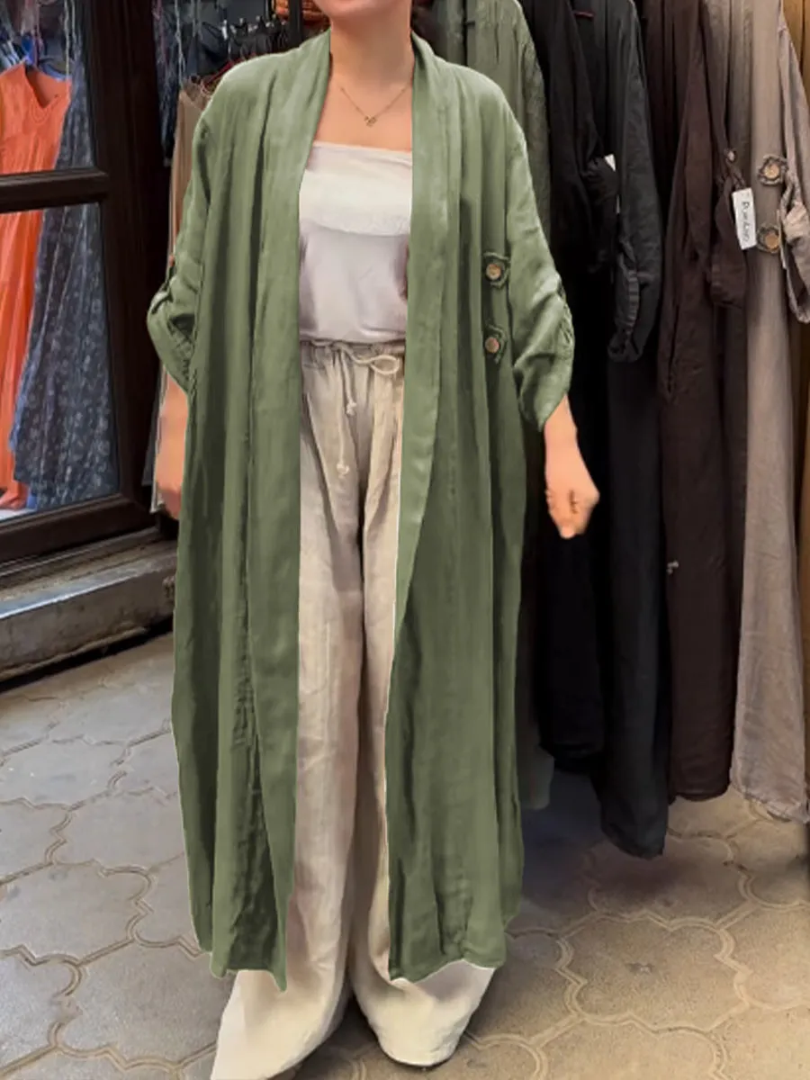 Women's Casual Pocket Cotton and Linen Long Cardigan