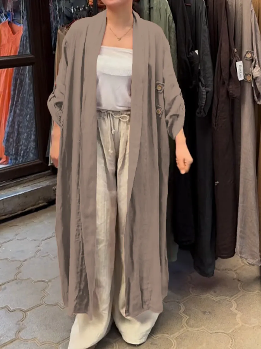 Women's Casual Pocket Cotton and Linen Long Cardigan