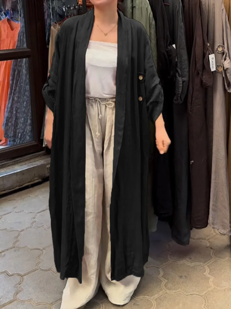 Women's Casual Pocket Cotton and Linen Long Cardigan