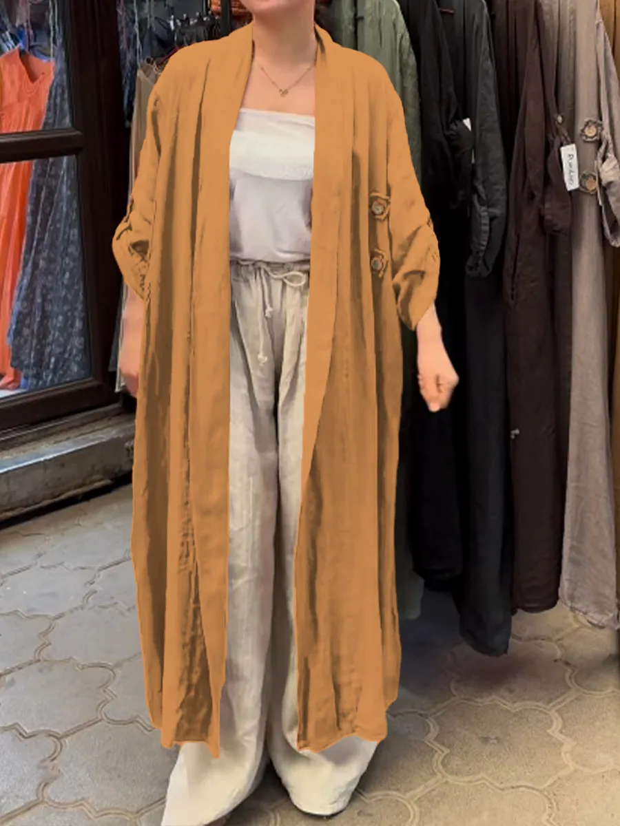 Women's Casual Pocket Cotton and Linen Long Cardigan