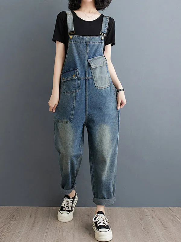 Women's Contrast Washed Denim Overalls