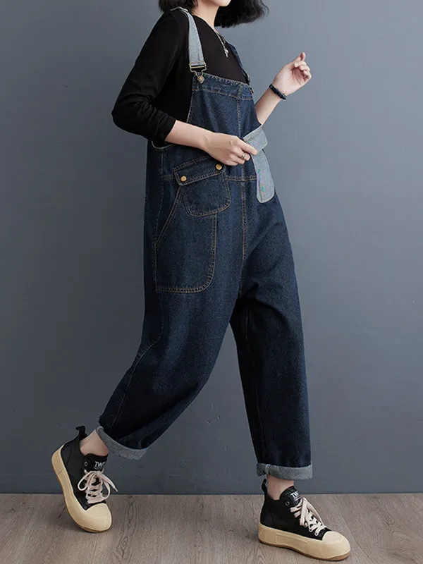 Women's Contrast Washed Denim Overalls