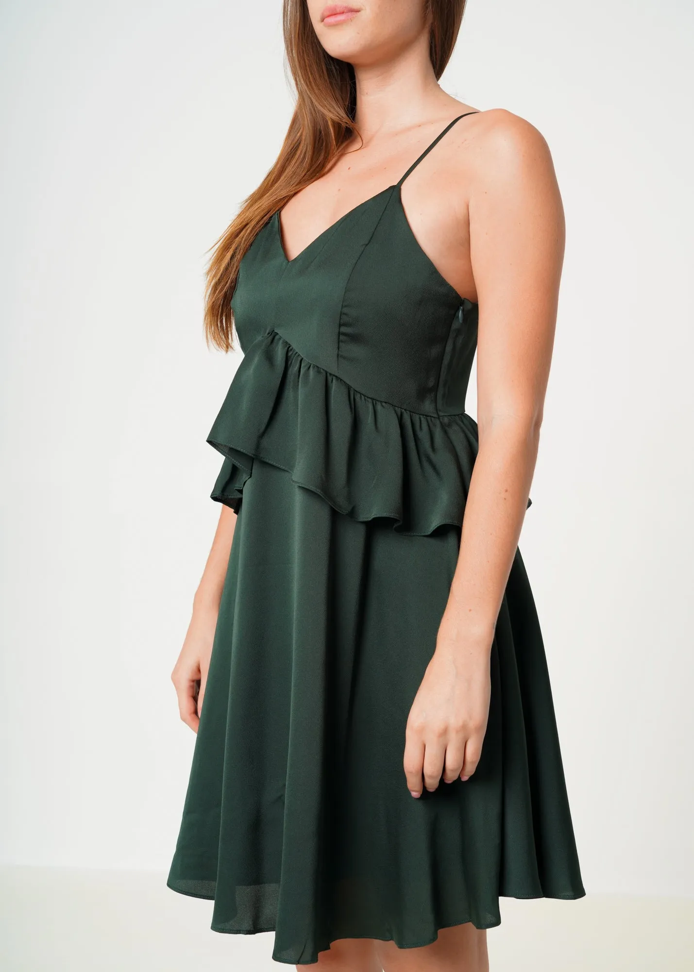 Women's Deep V-neck Ruffle Baby Doll Dress In Hunter Green