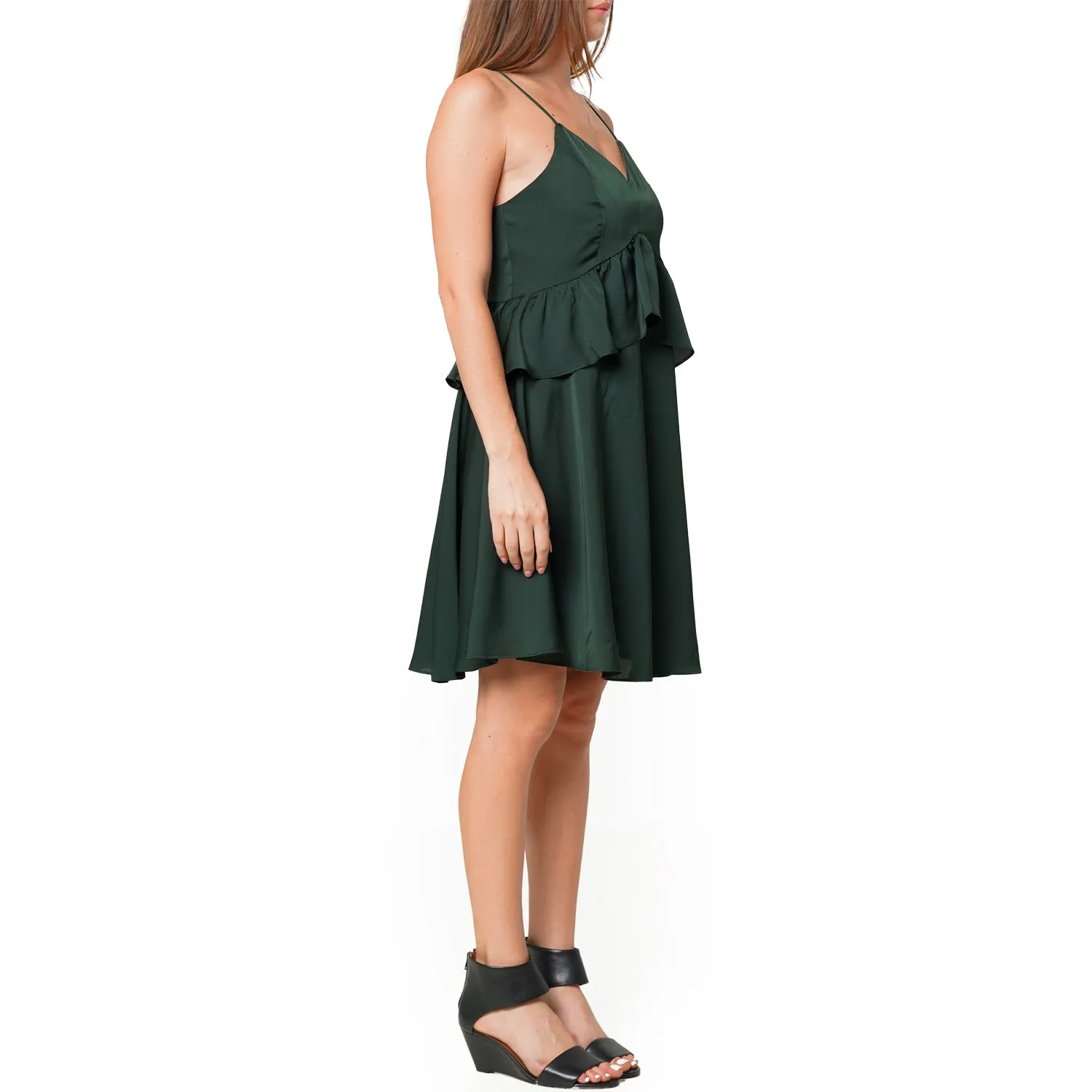 Women's Deep V-neck Ruffle Baby Doll Dress In Hunter Green