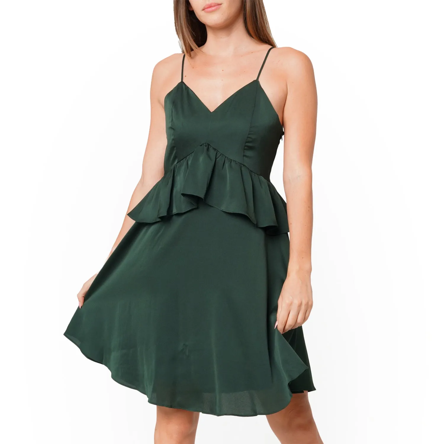 Women's Deep V-neck Ruffle Baby Doll Dress In Hunter Green