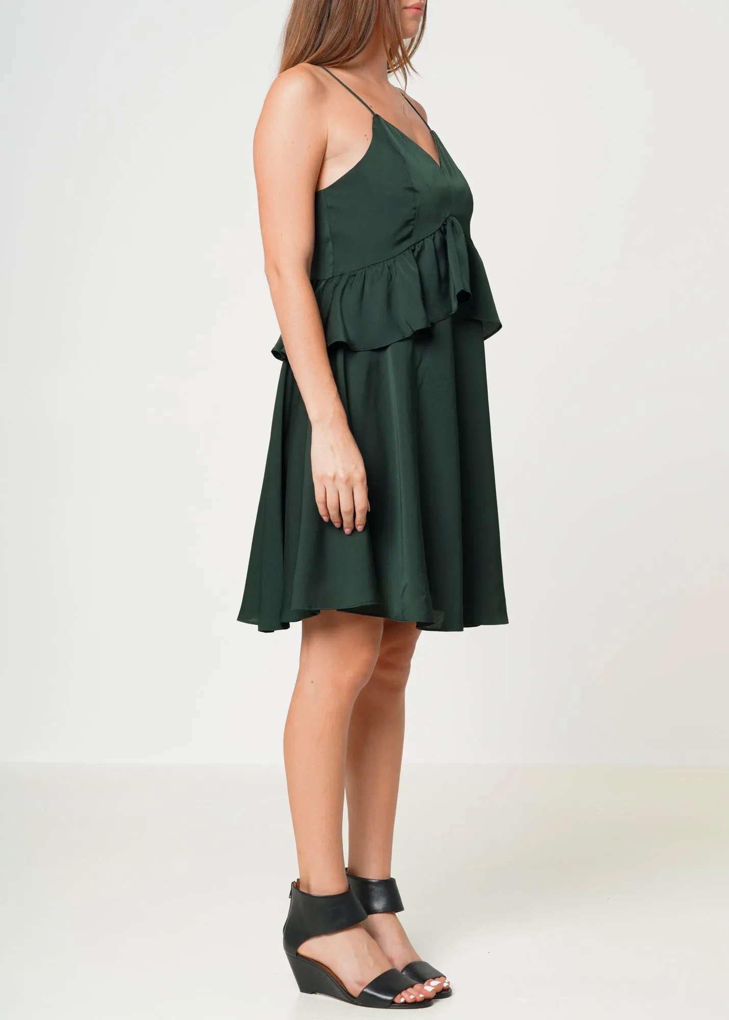 Women's Deep V-neck Ruffle Baby Doll Dress In Hunter Green