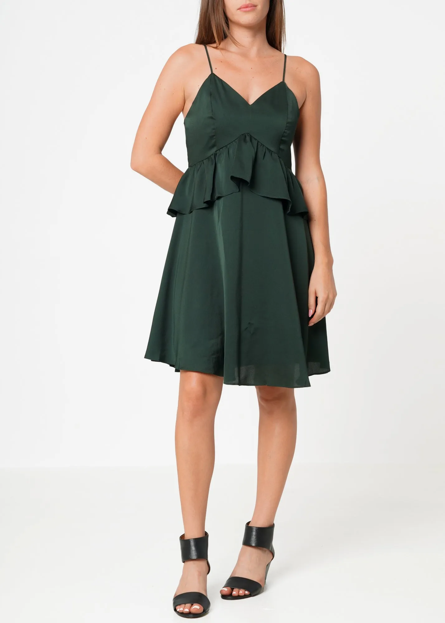 Women's Deep V-neck Ruffle Baby Doll Dress In Hunter Green