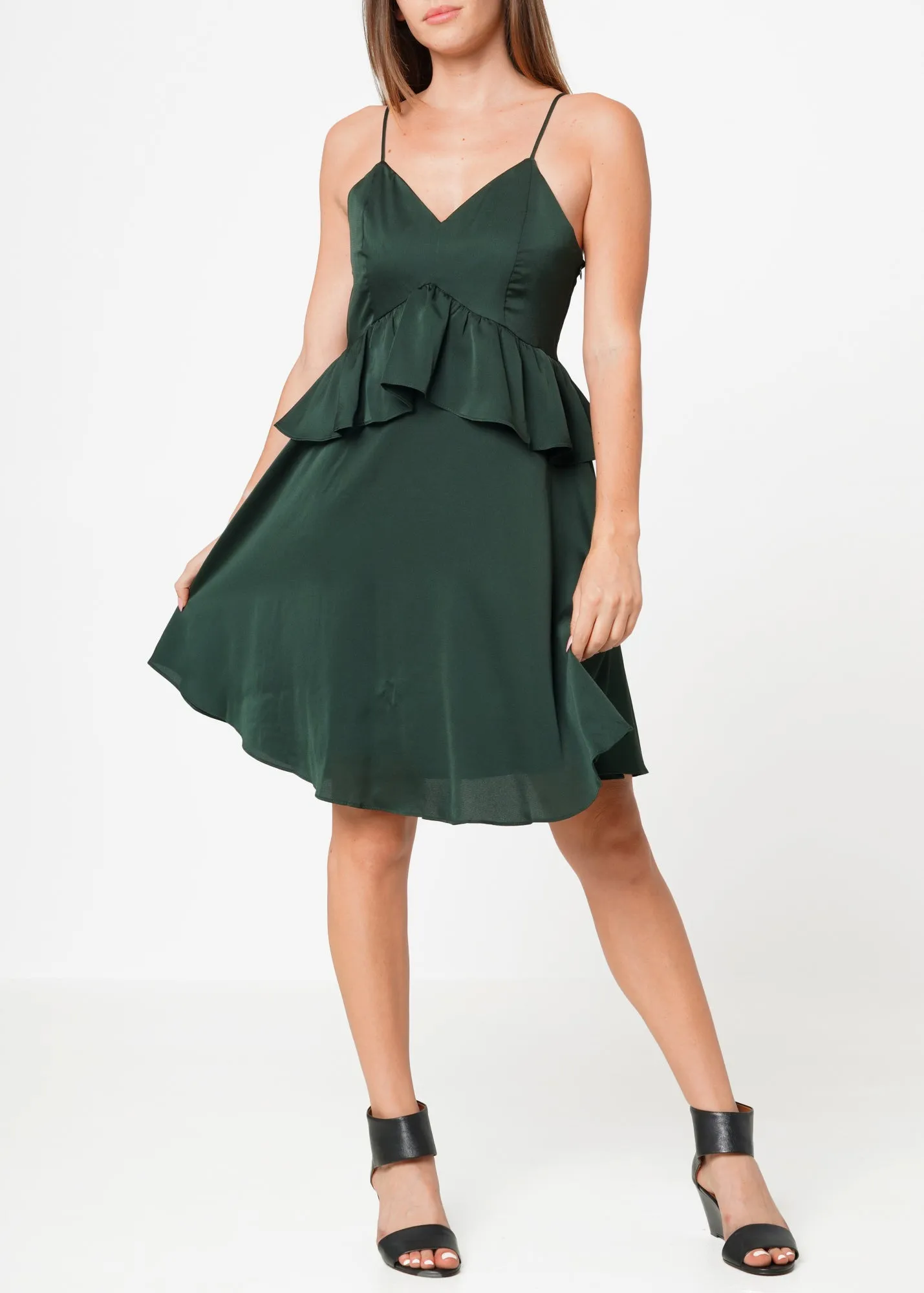 Women's Deep V-neck Ruffle Baby Doll Dress In Hunter Green