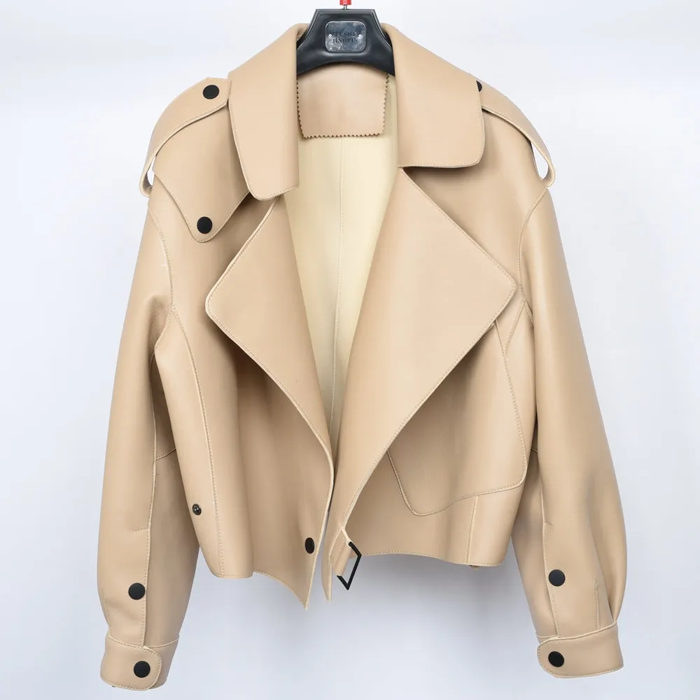 Women's Genuine Sheepskin Leather Jacket New Leather Beige Coat