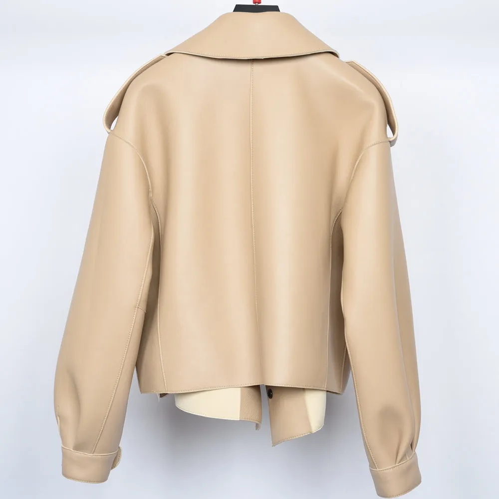 Women's Genuine Sheepskin Leather Jacket New Leather Beige Coat