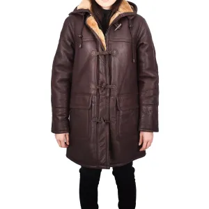 Womens Genuine Sheepskin Leather Long Duffle Coat Hooded Style Winter Allesia Brown