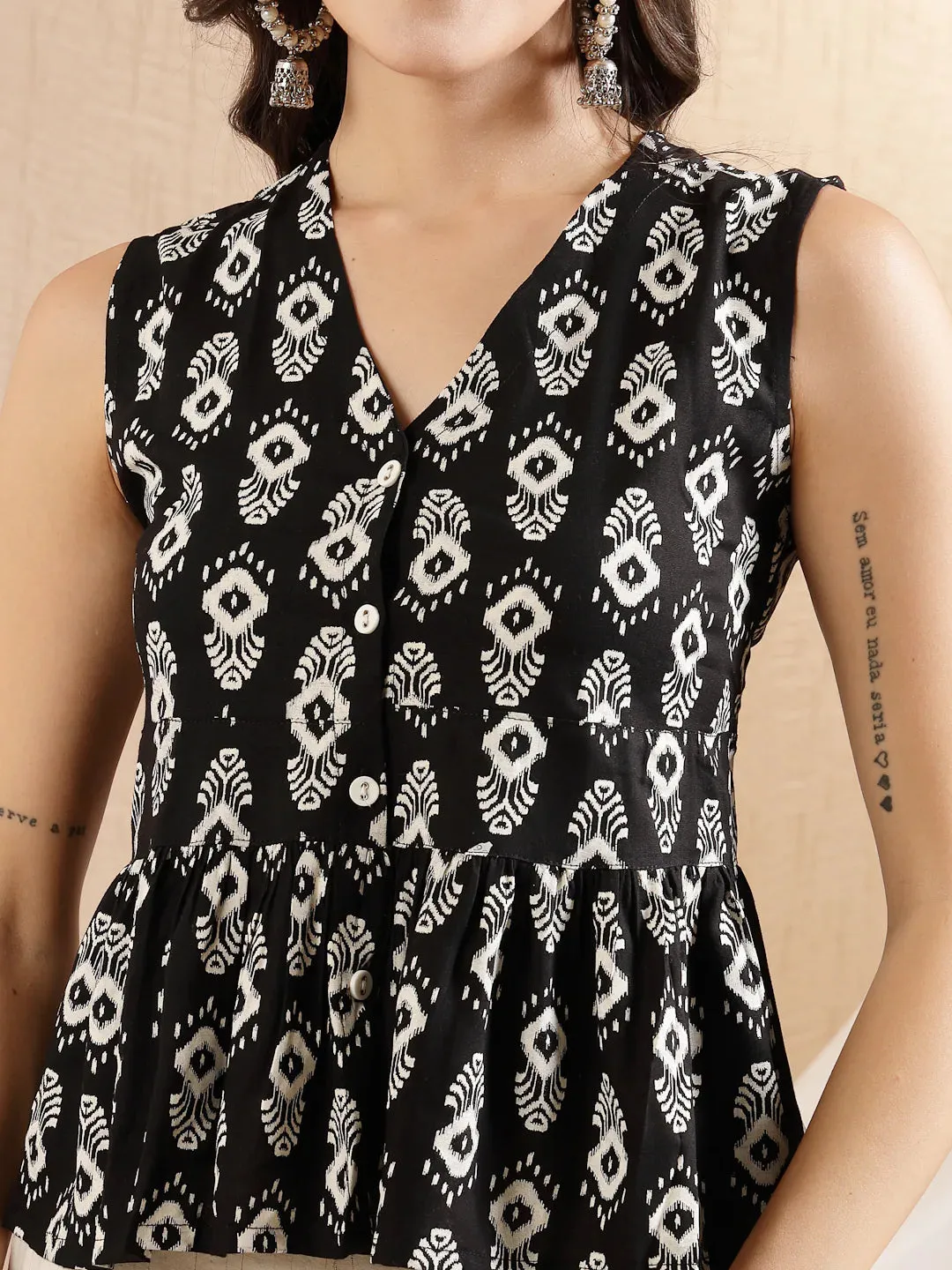 Women's Ikat Printed Rayon Peplum Top-TOPGGBLACKOGGY