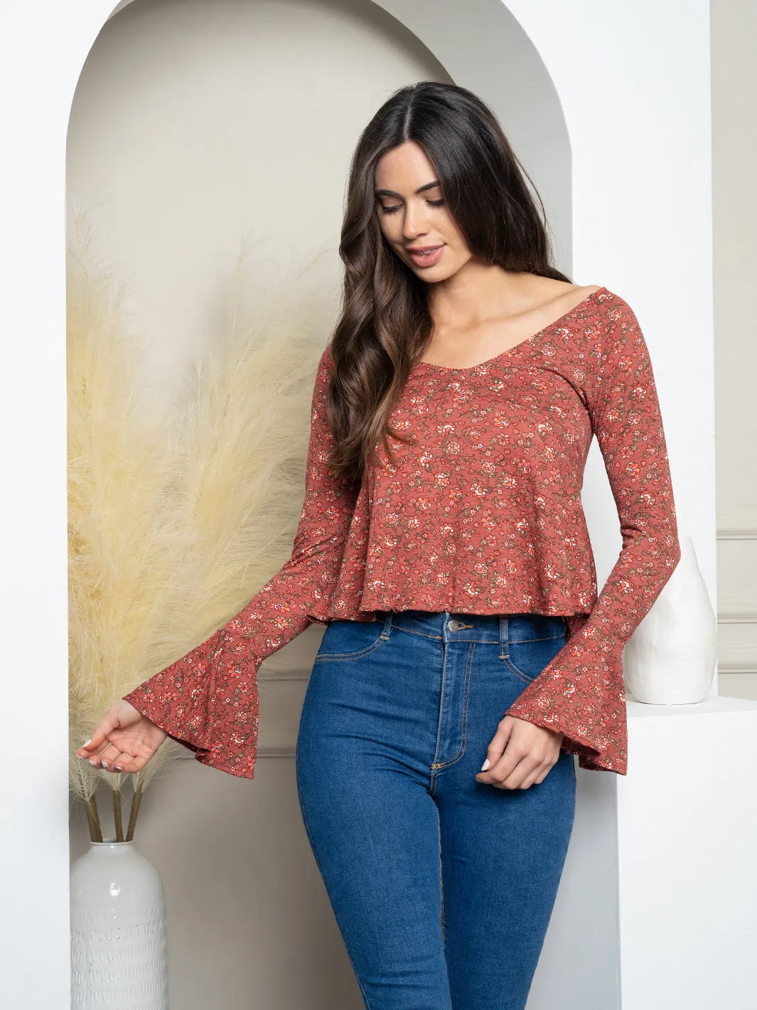 WOMEN'S LONG BELL SLEEVE FLORAL TOP