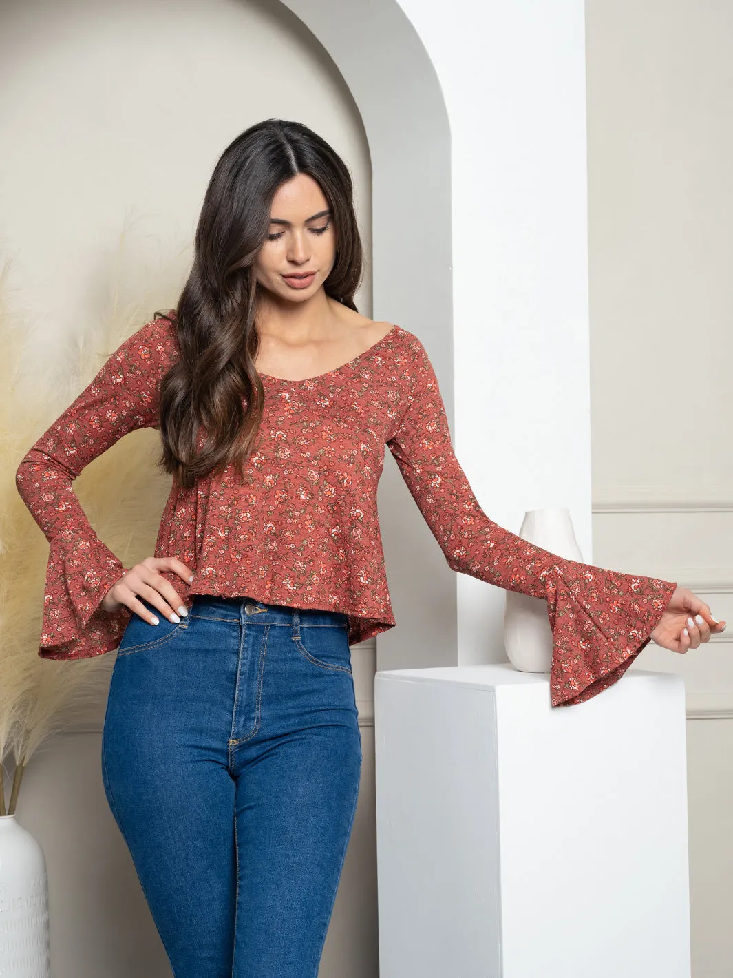 WOMEN'S LONG BELL SLEEVE FLORAL TOP