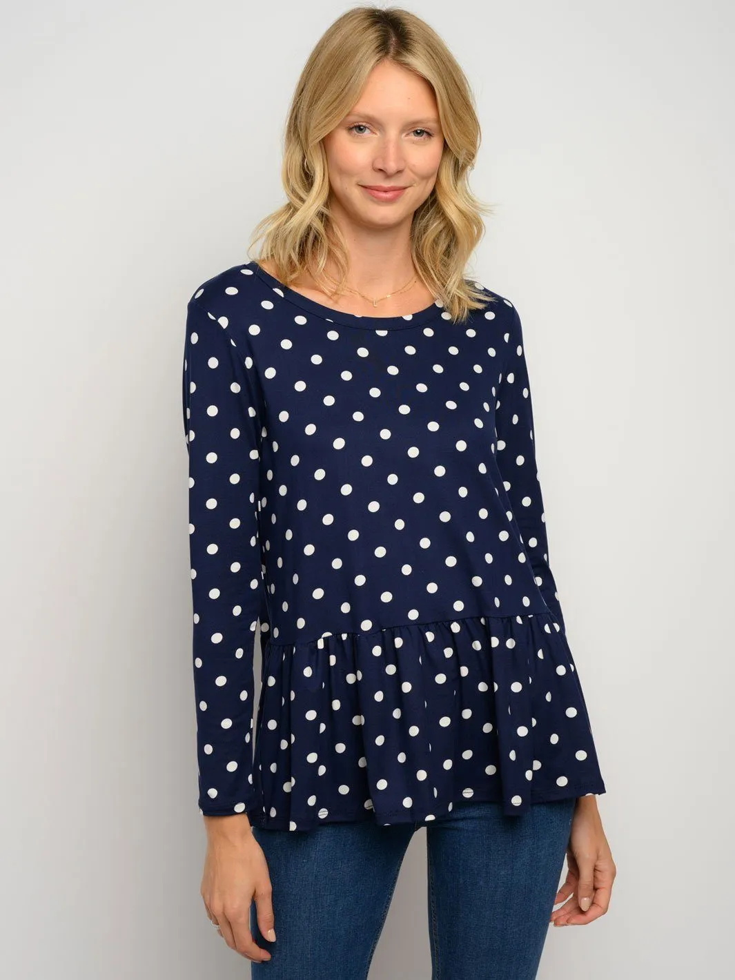 WOMEN'S LONG LEEVE POLKA DOTS PEPLUM TOP