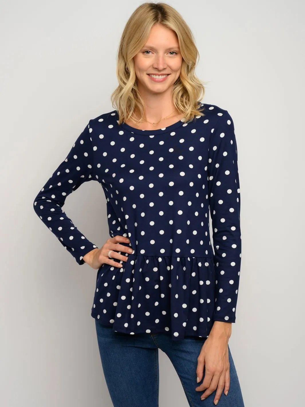 WOMEN'S LONG LEEVE POLKA DOTS PEPLUM TOP
