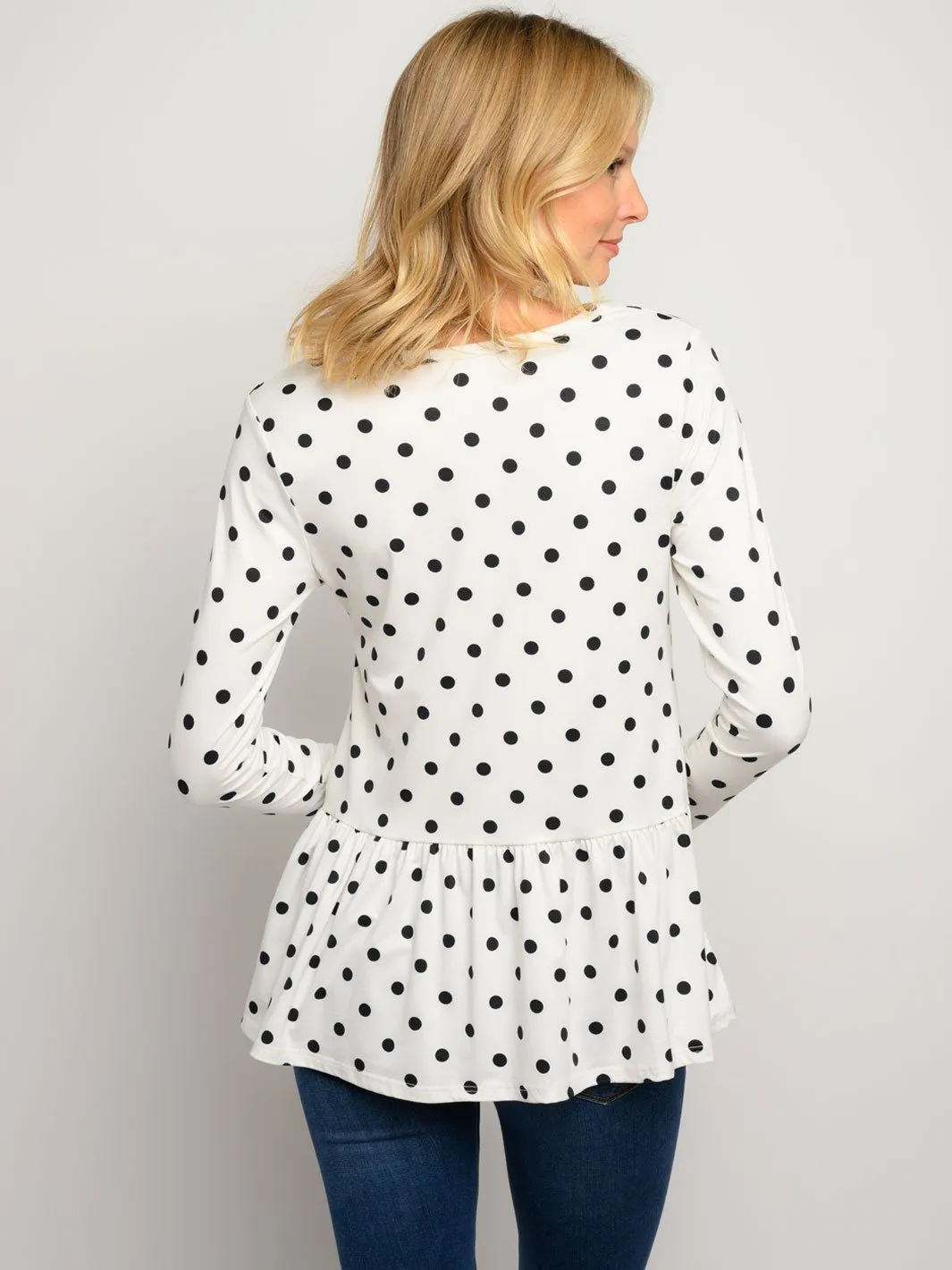 WOMEN'S LONG LEEVE POLKA DOTS PEPLUM TOP